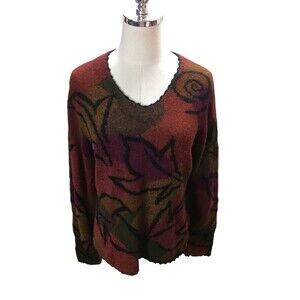 Millma Bolivia Sweater Women's Size Large Red Brown Leaf 100% Alpaca